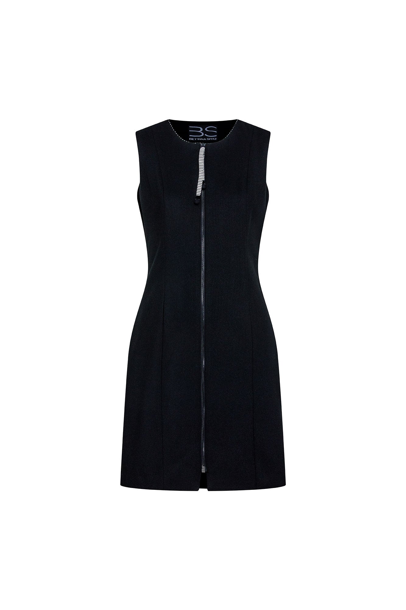 The Jumper Perrito Pespunte Negro Black Crepe Mini Dress — full front view showing fitted sleeveless silhouette with clean bateau neckline, fine crystal stud neckline trim, full-length exposed black metal zipper at center front, tonal black crystal Scottie dog motif at center chest, and gently A-line skirt falling to mid-thigh