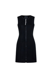 The Jumper Perrito Pespunte Negro Black Crepe Mini Dress — full front view showing fitted sleeveless silhouette with clean bateau neckline, fine crystal stud neckline trim, full-length exposed black metal zipper at center front, tonal black crystal Scottie dog motif at center chest, and gently A-line skirt falling to mid-thigh