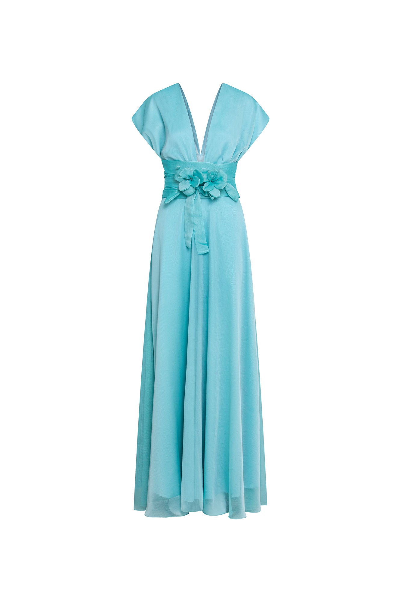 The Lazo Flor Aqua Maxi Dress — full front view showing deep V-neckline, cap sleeves, wide aqua satin sash with soft bow and long trailing ends, and floor-length fluid chiffon-over-satin skirt