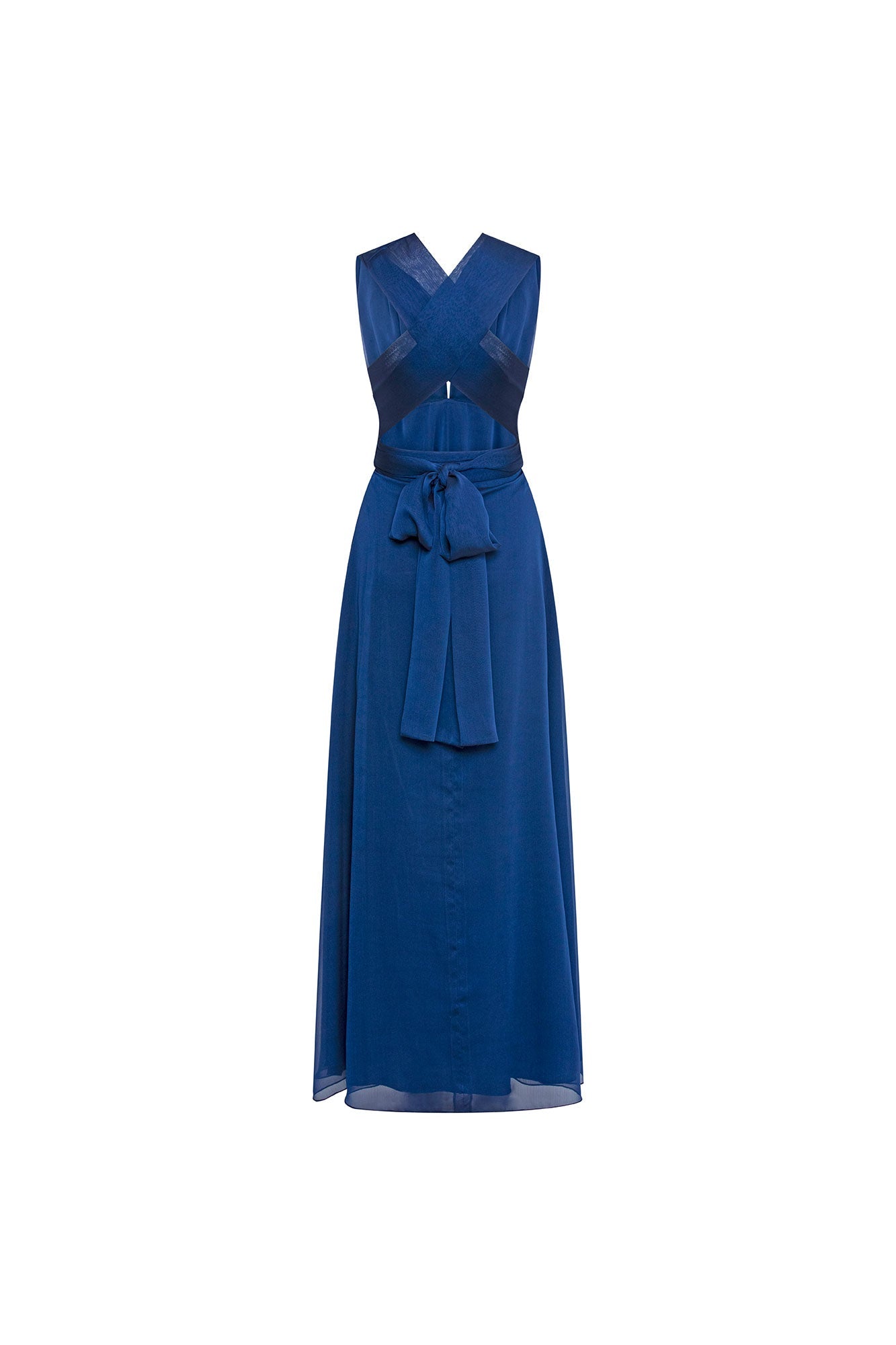 The Orquídea Royal Blue Maxi Dress — front view with bow belt