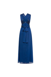 The Orquídea Royal Blue Maxi Dress — front view with bow belt