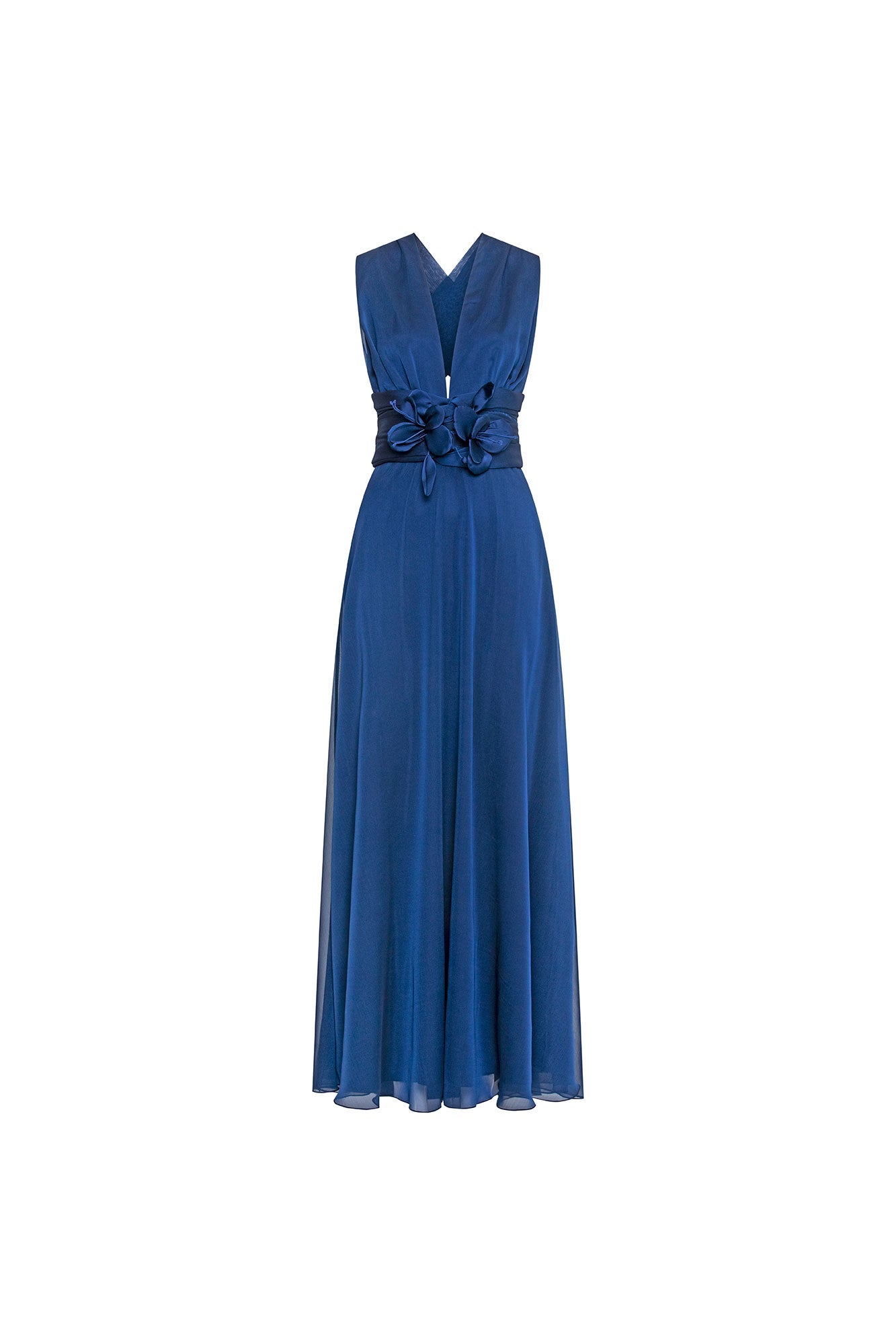 The Orquídea Royal Blue Maxi Dress — front view with floral belt