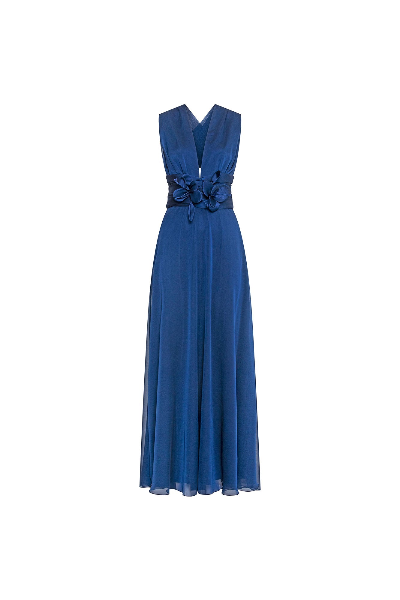 The Orquídea Royal Blue Maxi Dress — front view with floral belt