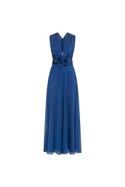 The Orquídea Royal Blue Maxi Dress — front view with floral belt