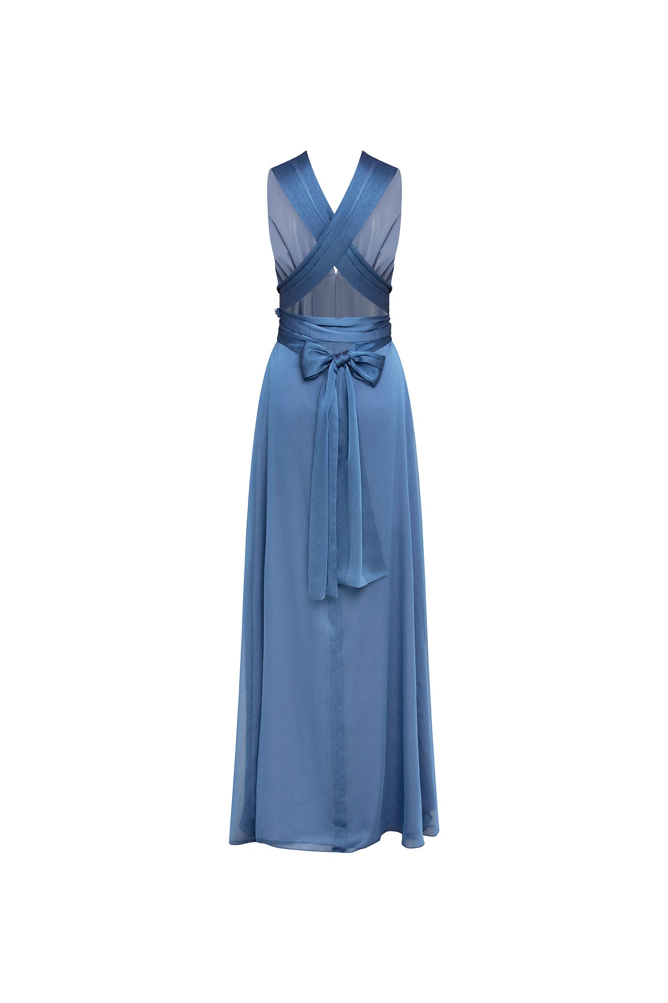 Back view of blue maxi dress with crossed panels, open-back detail and long waist ties tied in a bow
