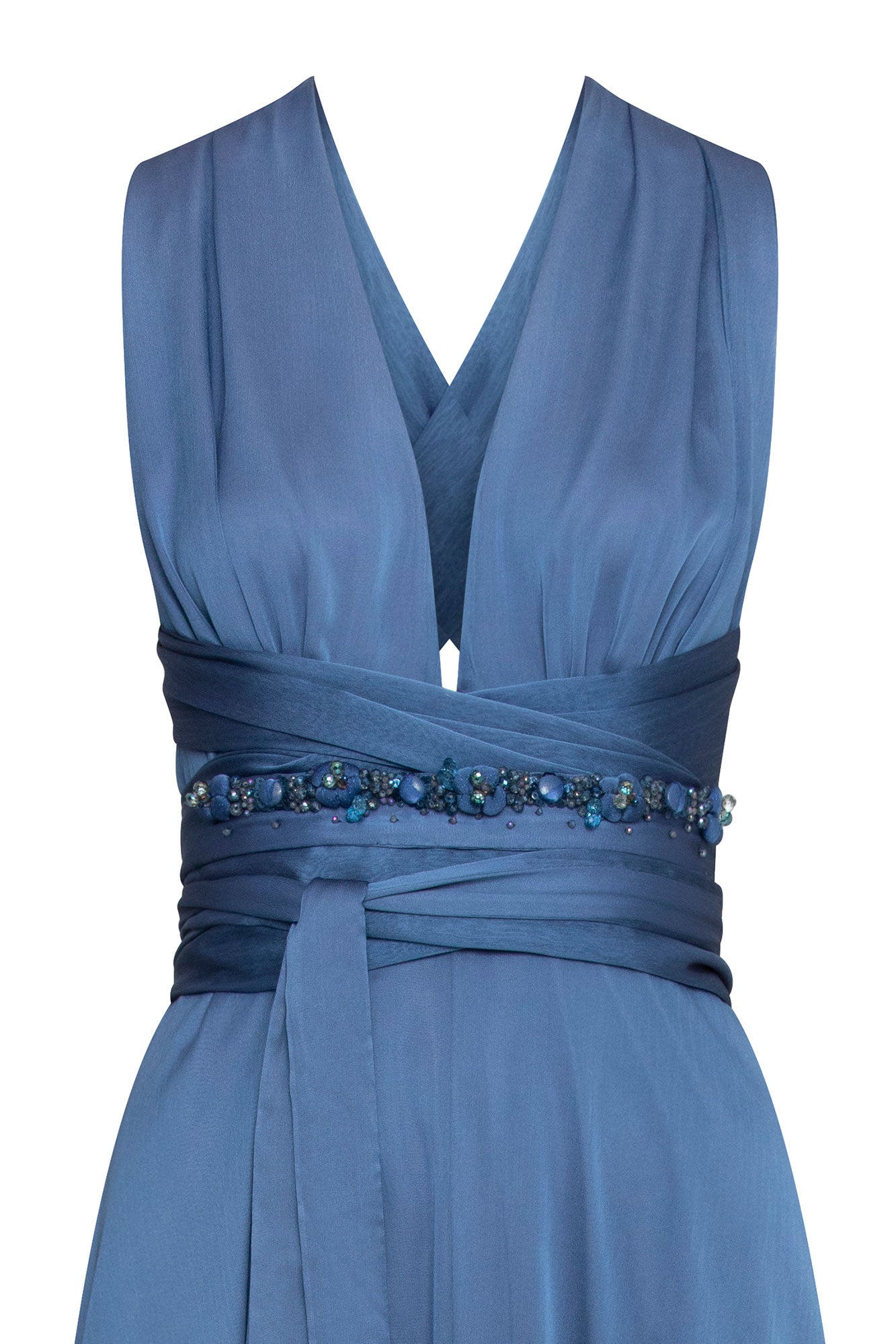 Close-up of blue maxi dress showing gathered neckline, crossed waist ties and blue beaded embellishment