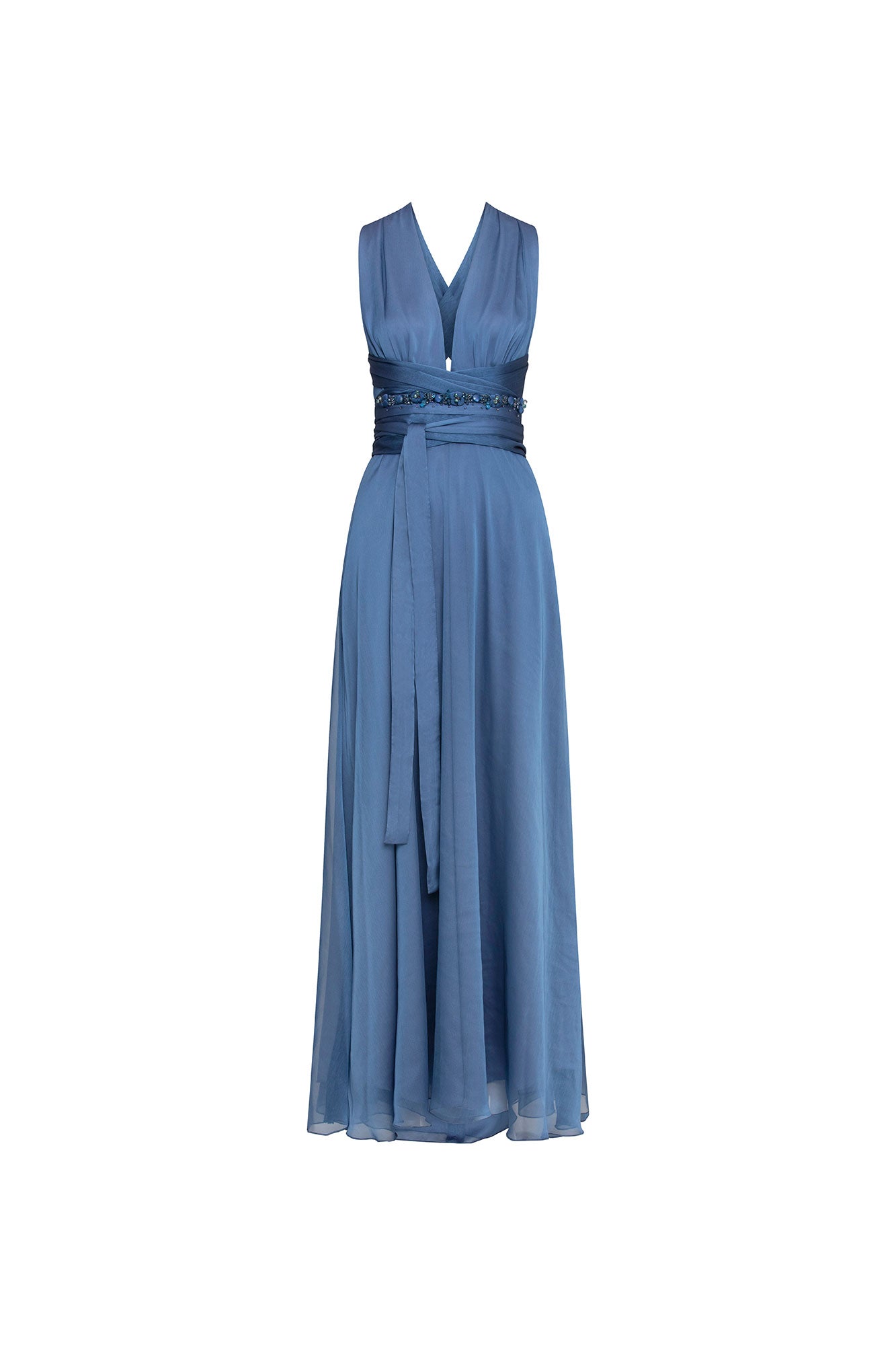 Front view of Bettina Spitz blue maxi dress with deep V-neckline, wraparound waist ties and embellished waistband