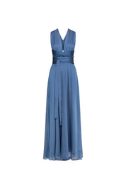 Front view of Bettina Spitz blue maxi dress with deep V-neckline, wraparound waist ties and embellished waistband