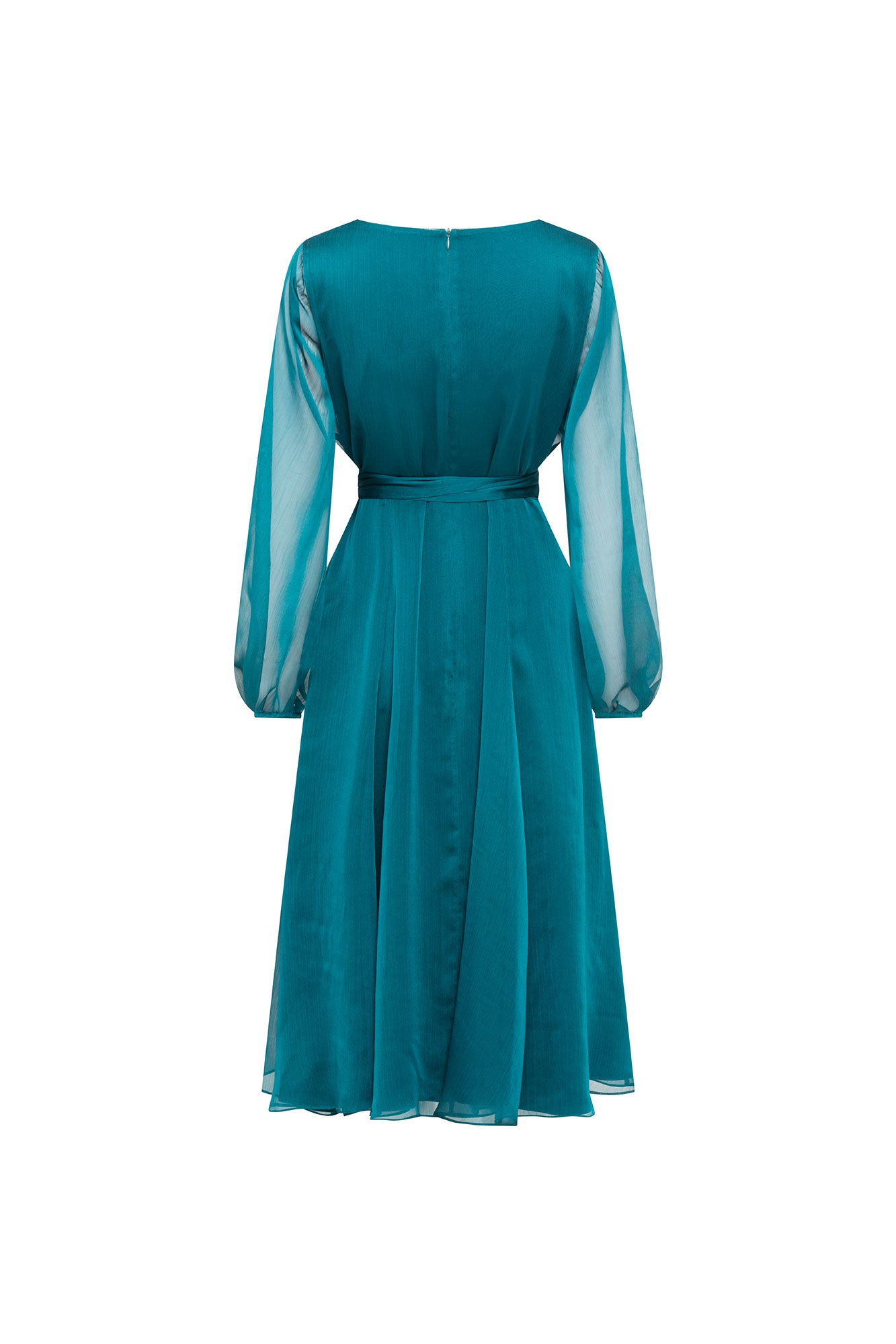 Back view of green midi dress showing sheer long sleeves, defined waist and softly flared skirt