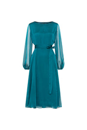 Front view of Bettina Spitz green midi dress with sheer balloon sleeves, round neckline and matching waist tie