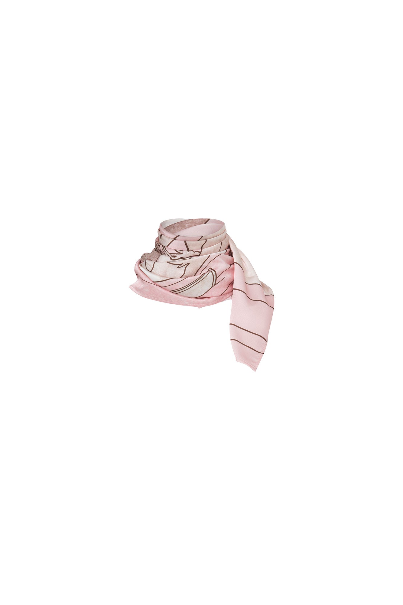 Bettina Spitz small Carlota scarf in blush pink and ivory with dark line drawings, styled wrapped at the neck with pointed ends