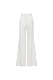 Back view of ivory high-waisted trousers with plain waistband and wide legs