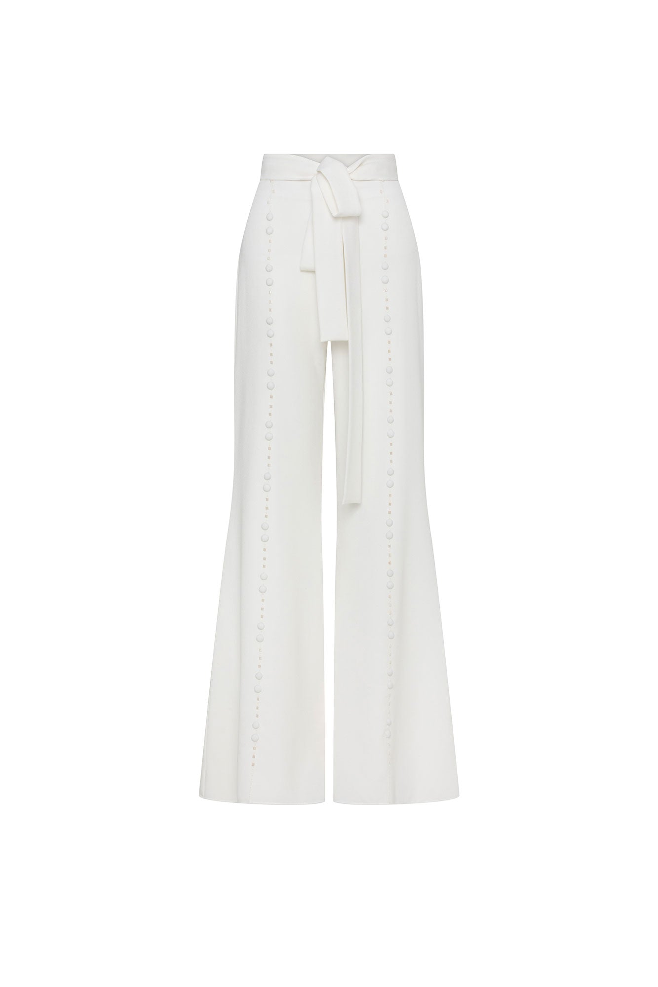 Front view of Bettina Spitz ivory high-waisted wide-leg trousers with tie belt and tonal button rows