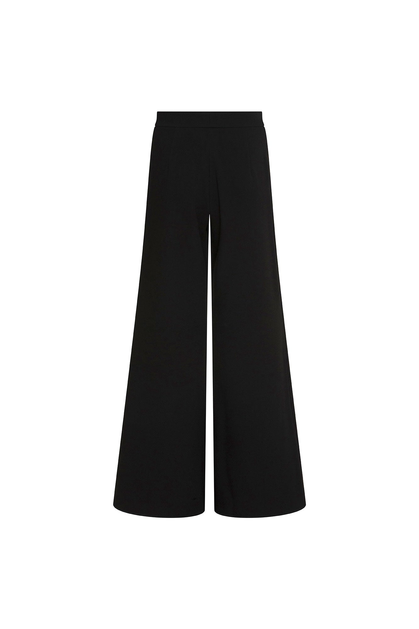 The Pantalón Gaby Campana Negro — second full front view showing high-rise black wide-leg trouser silhouette in smooth structured fabric, dramatic floor-length wide leg from hip, clean waistband