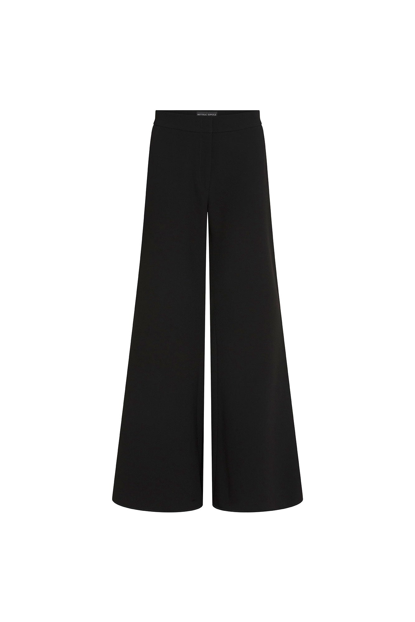 The Pantalón Gaby Campana Negro — full front view showing high-rise black wide-leg trousers in smooth structured fabric with clean wide waistband and two dramatically wide straight legs falling from hip to floor