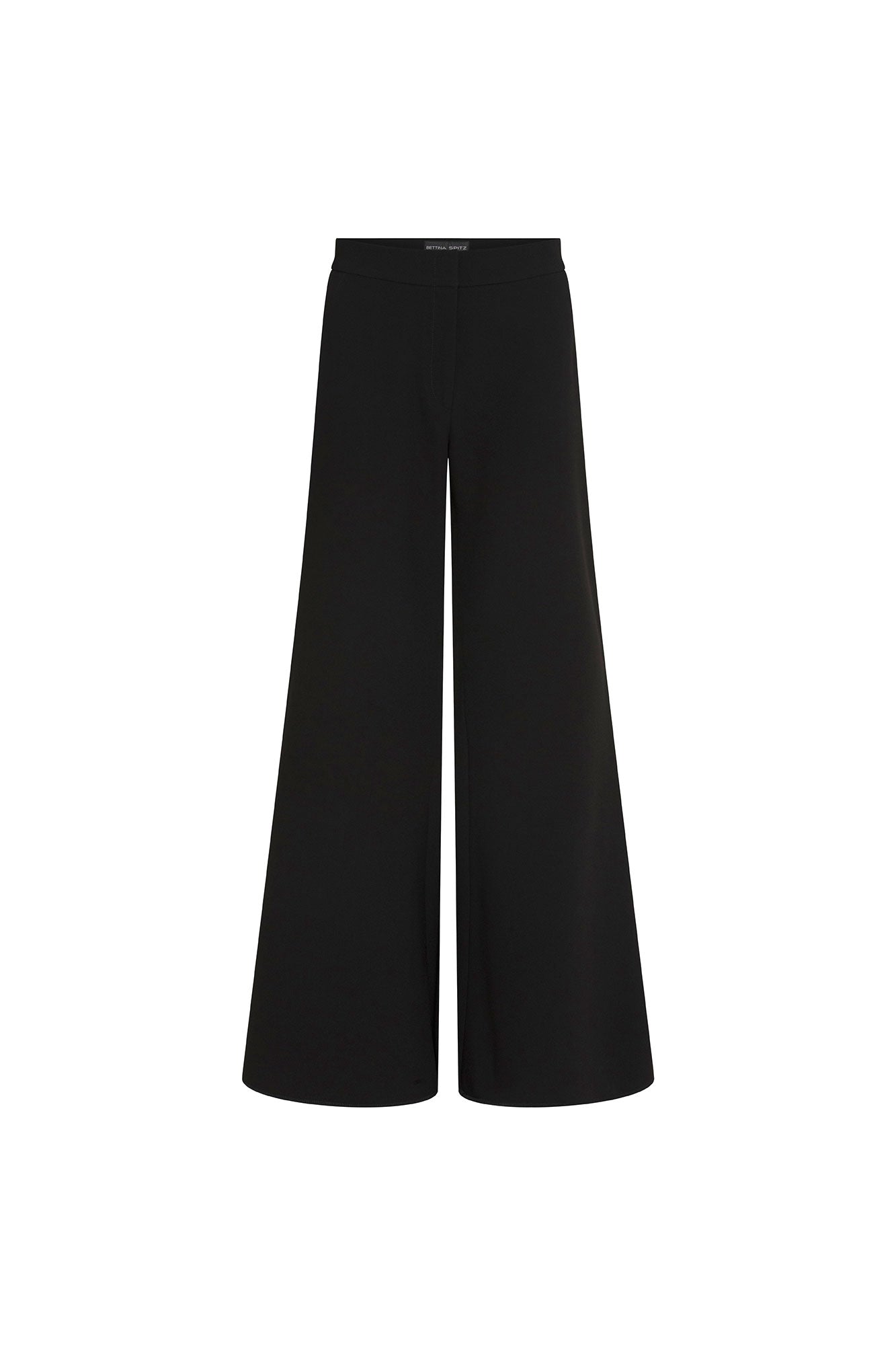 The Pantalón Gaby Campana Negro — full front view showing high-rise black wide-leg trousers in smooth structured fabric with clean wide waistband and two dramatically wide straight legs falling from hip to floor