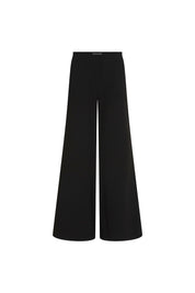 The Pantalón Gaby Campana Negro — full front view showing high-rise black wide-leg trousers in smooth structured fabric with clean wide waistband and two dramatically wide straight legs falling from hip to floor