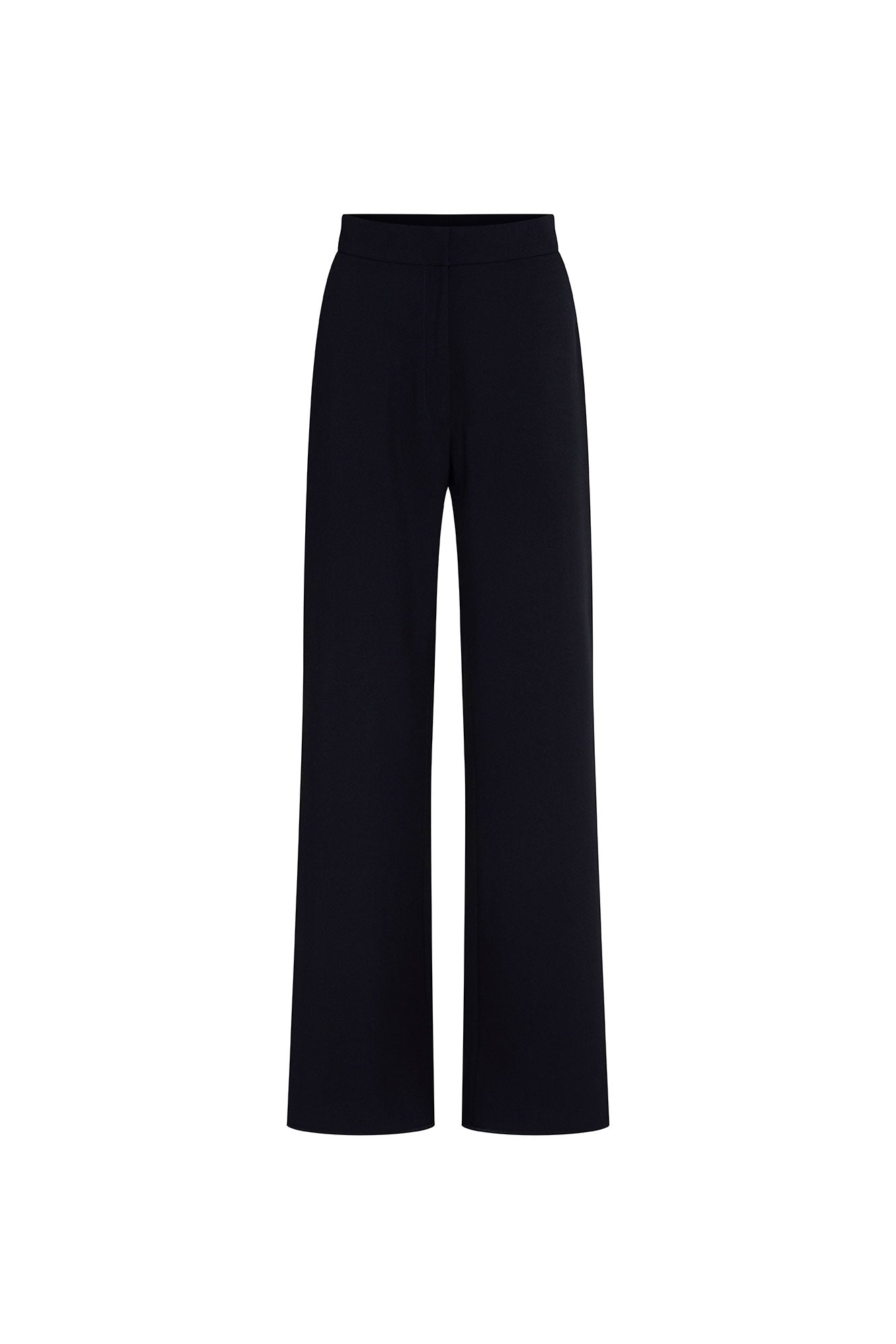 Pantalón Gaby Recto Azul — full front view showing high-rise navy wide-leg straight trousers in smooth structured fabric with clean wide waistband, no hardware or pockets, and two straight legs falling in an unbroken column from hip to hem