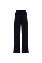 Pantalón Gaby Recto Azul — full front view showing high-rise navy wide-leg straight trousers in smooth structured fabric with clean wide waistband, no hardware or pockets, and two straight legs falling in an unbroken column from hip to hem