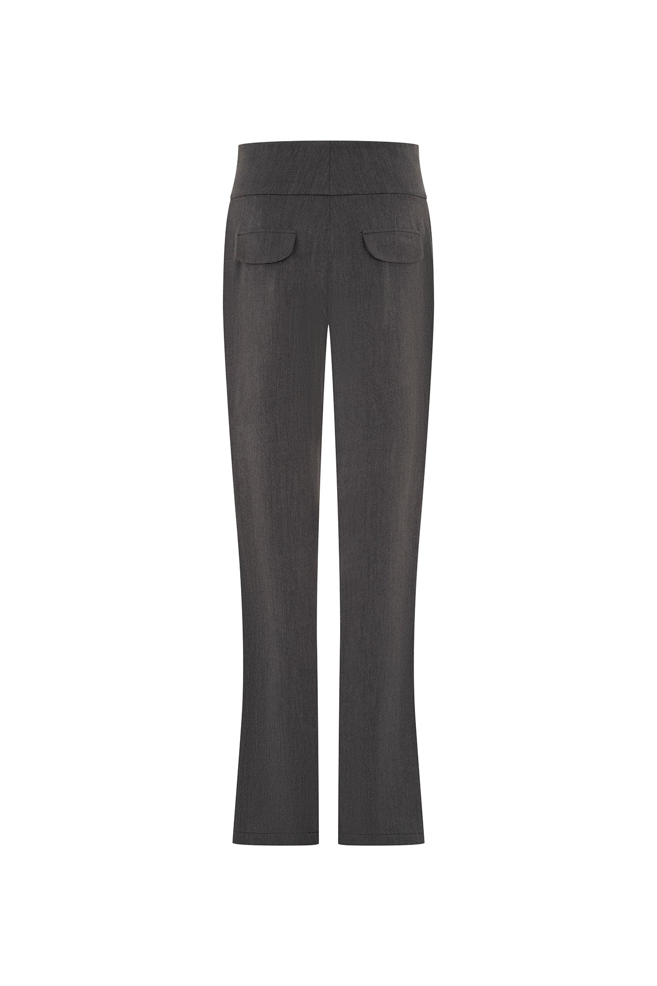 The Haches Charcoal Grey Bootcut Trousers — back view with scallop-edged flap pockets and subtle bootcut flare at hem