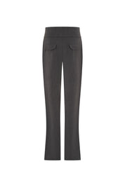 The Haches Charcoal Grey Bootcut Trousers — back view with scallop-edged flap pockets and subtle bootcut flare at hem