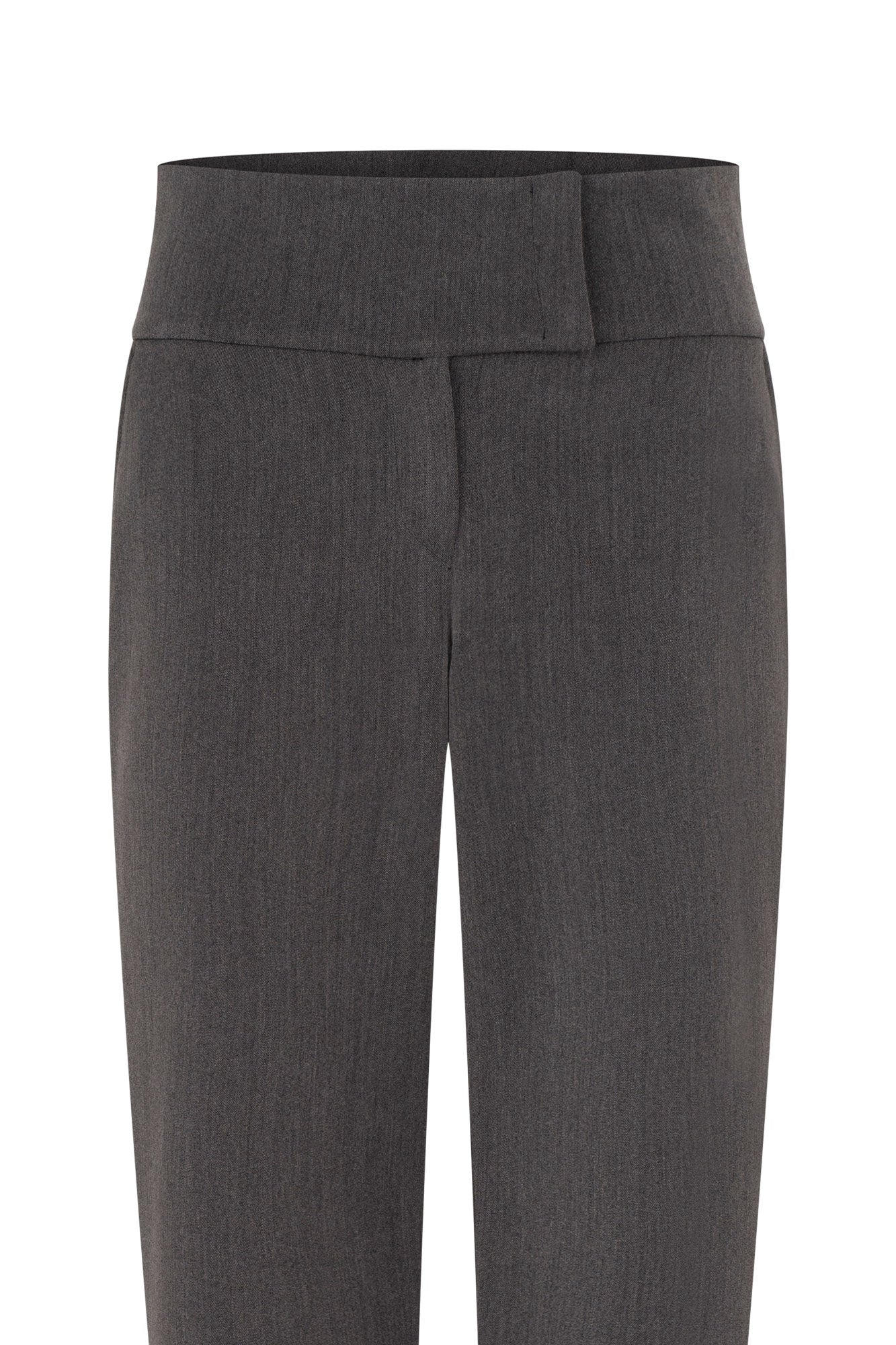 The Haches Charcoal Grey Bootcut Trousers — close-up of wide double-panel waistband and textured woven fabric detail