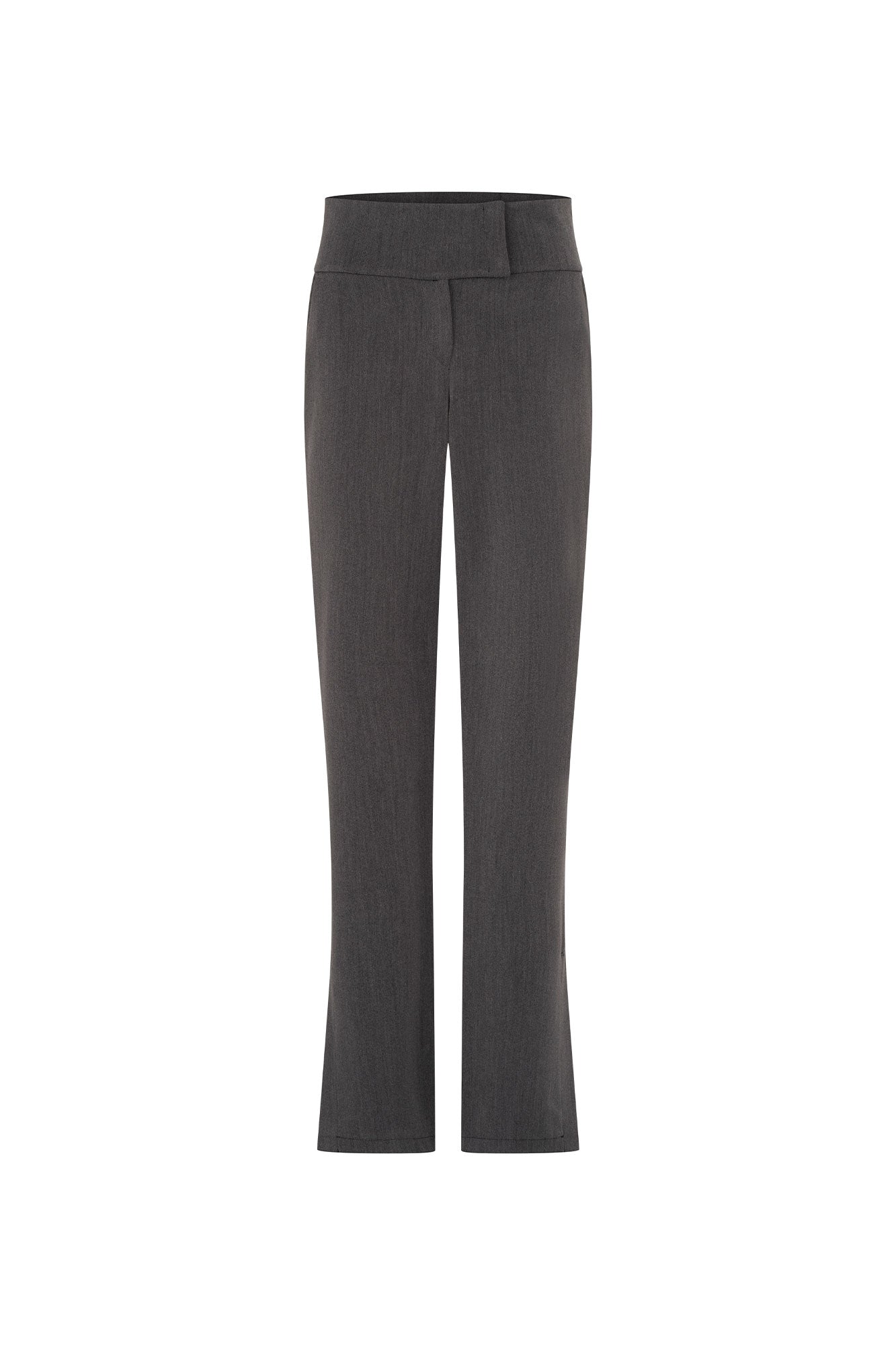 The Haches Charcoal Grey Bootcut Trousers — front view with wide double-panel waistband and concealed placket