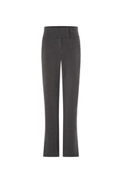 The Haches Charcoal Grey Bootcut Trousers — front view with wide double-panel waistband and concealed placket
