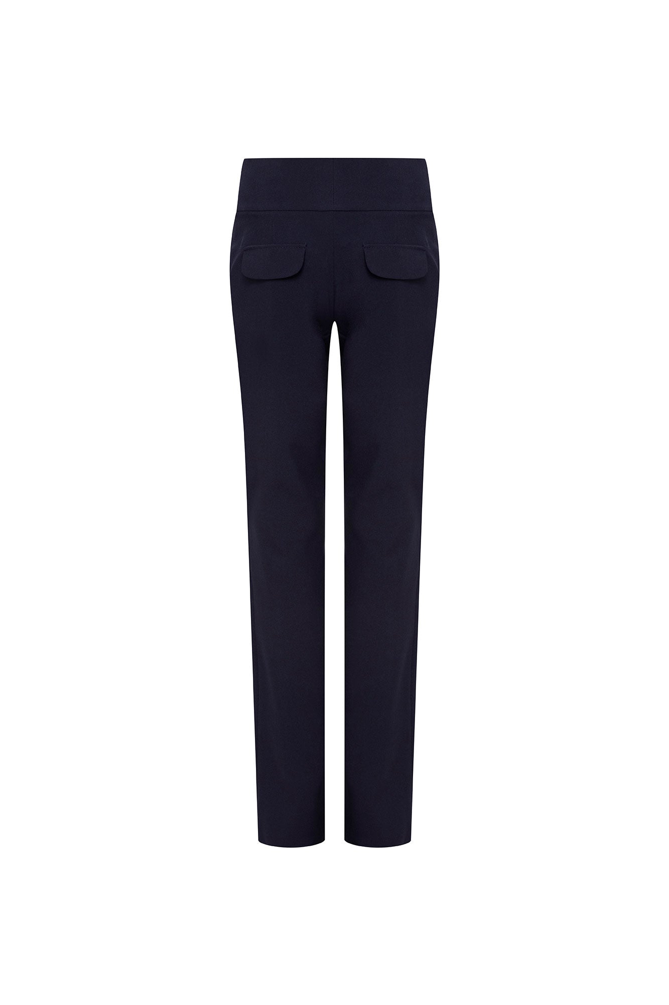 Pantalón Haches Navy — second full back view showing high-rise navy slim straight trousers with wide waistband and two back patch pockets with rounded corners