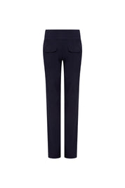 Pantalón Haches Navy — second full back view showing high-rise navy slim straight trousers with wide waistband and two back patch pockets with rounded corners