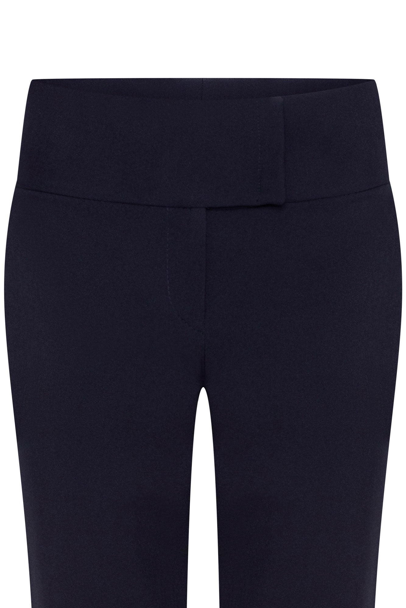 Pantalón Haches Navy — close-up of front waistband showing wide double-panel high-rise construction with clean horizontal seam and no hardware
