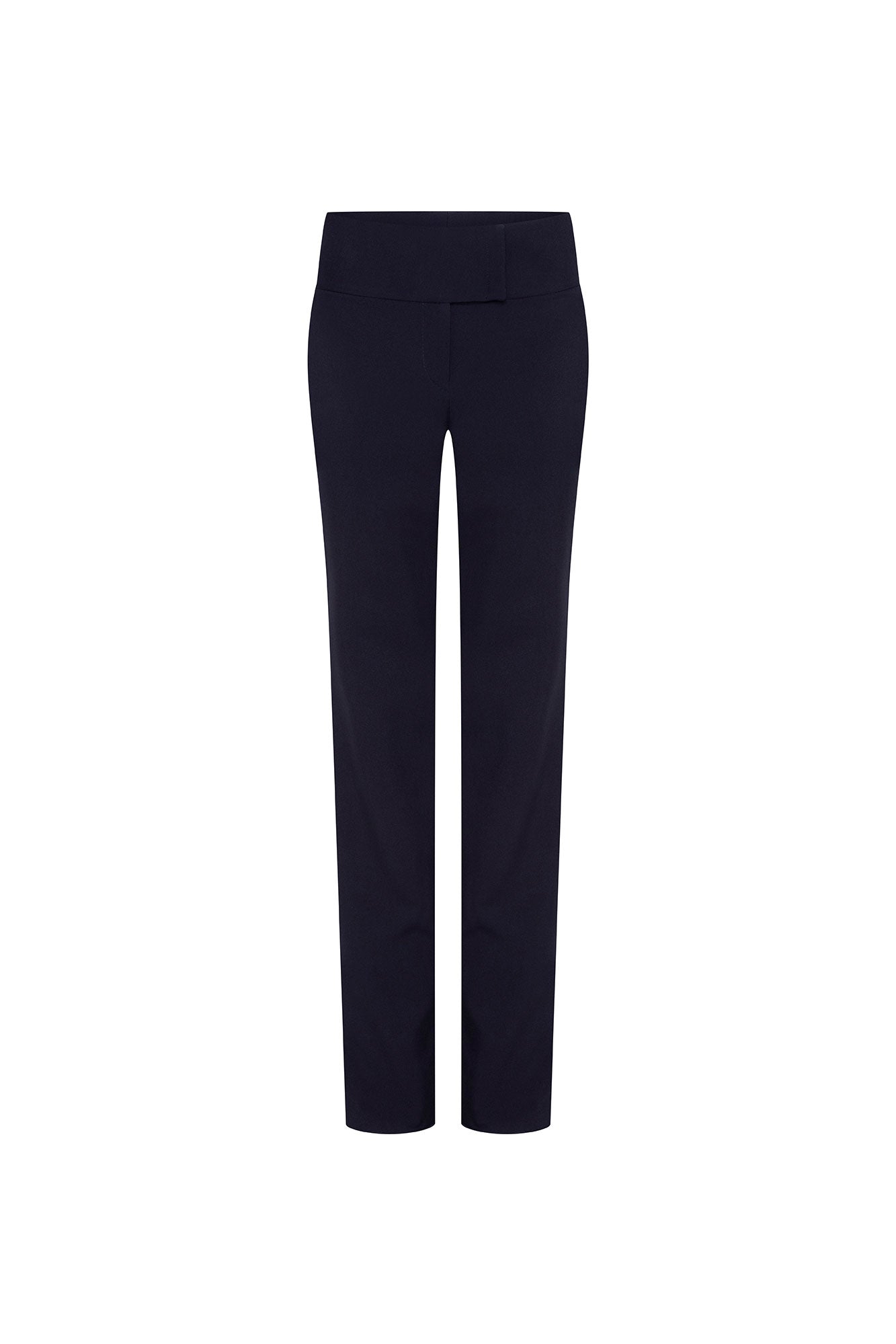 Pantalón Haches Navy — full back view showing high-rise navy slim straight trousers with wide double-panel waistband, two large back patch pockets with rounded lower corners, and slim legs falling straight from hip to hem