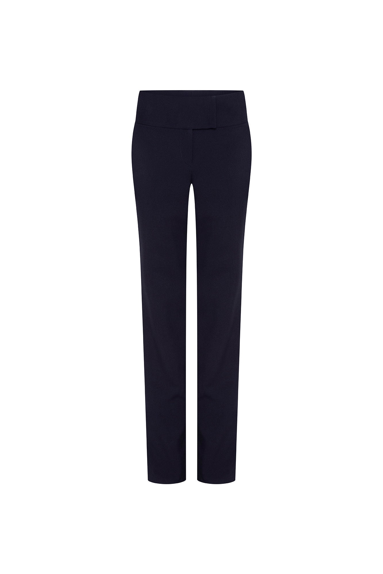 Pantalón Haches Navy — full back view showing high-rise navy slim straight trousers with wide double-panel waistband, two large back patch pockets with rounded lower corners, and slim legs falling straight from hip to hem