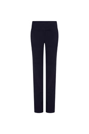Pantalón Haches Navy — full back view showing high-rise navy slim straight trousers with wide double-panel waistband, two large back patch pockets with rounded lower corners, and slim legs falling straight from hip to hem