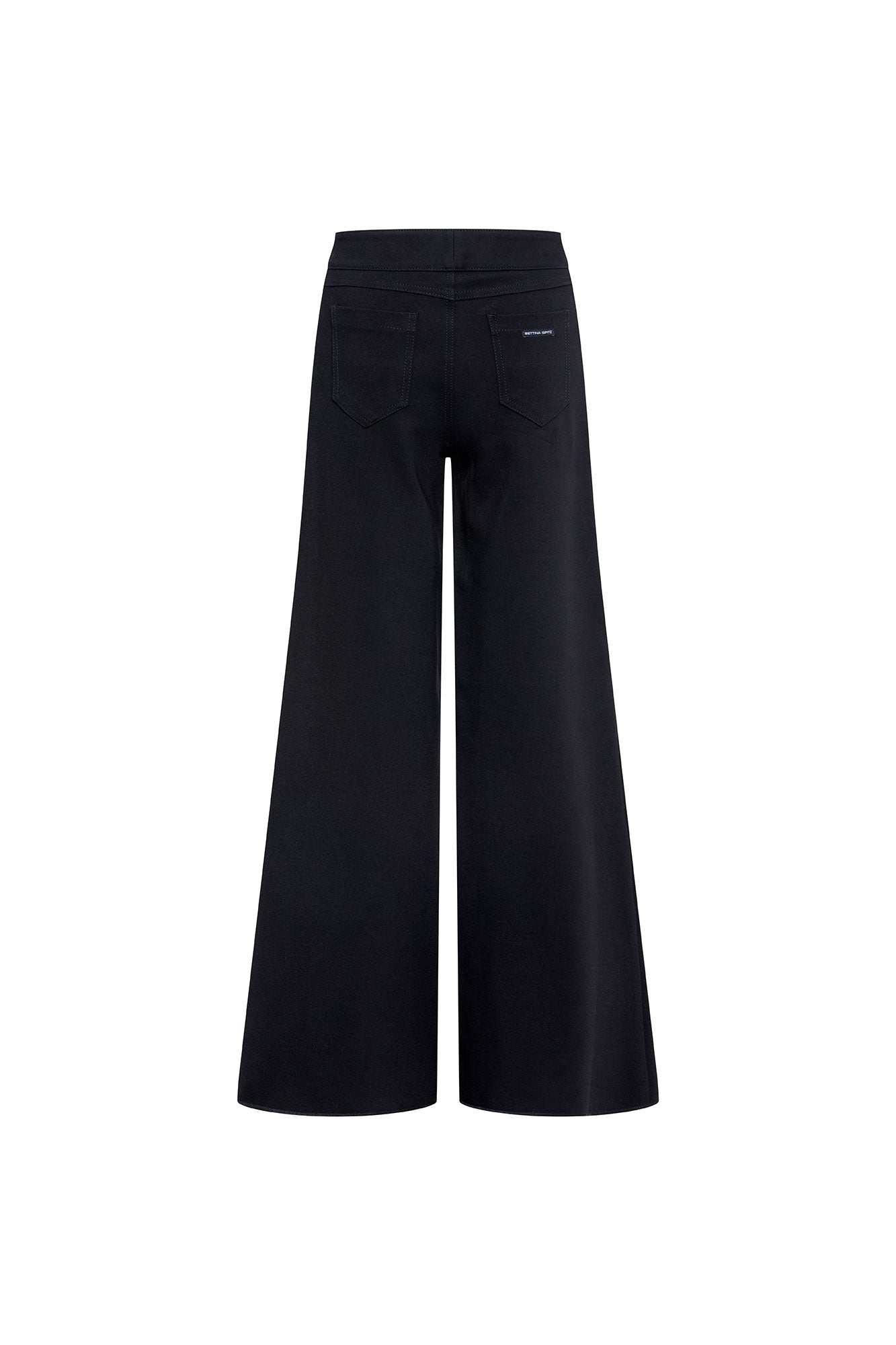 The Nadadora Black Wide-Leg Graphic Pants — front view with pop-art swimmer panel