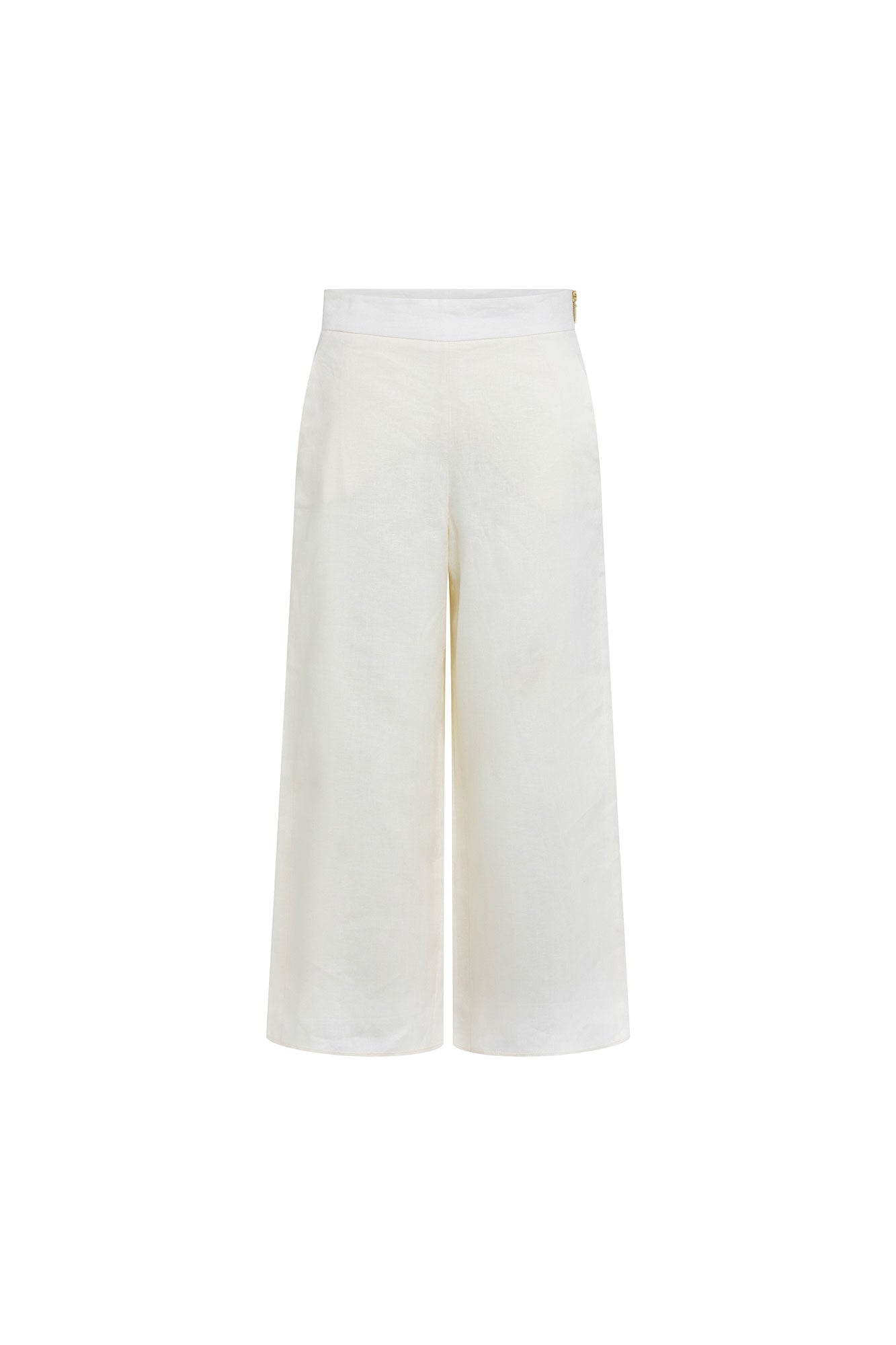 Ivory Linen Cropped Wide-Leg Trousers