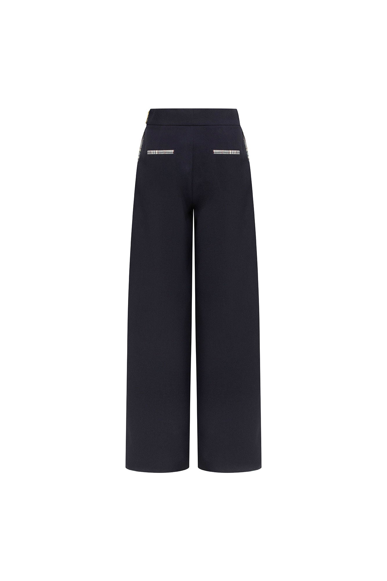 Back view of navy Milo wide-leg trousers with check-trimmed welt pockets