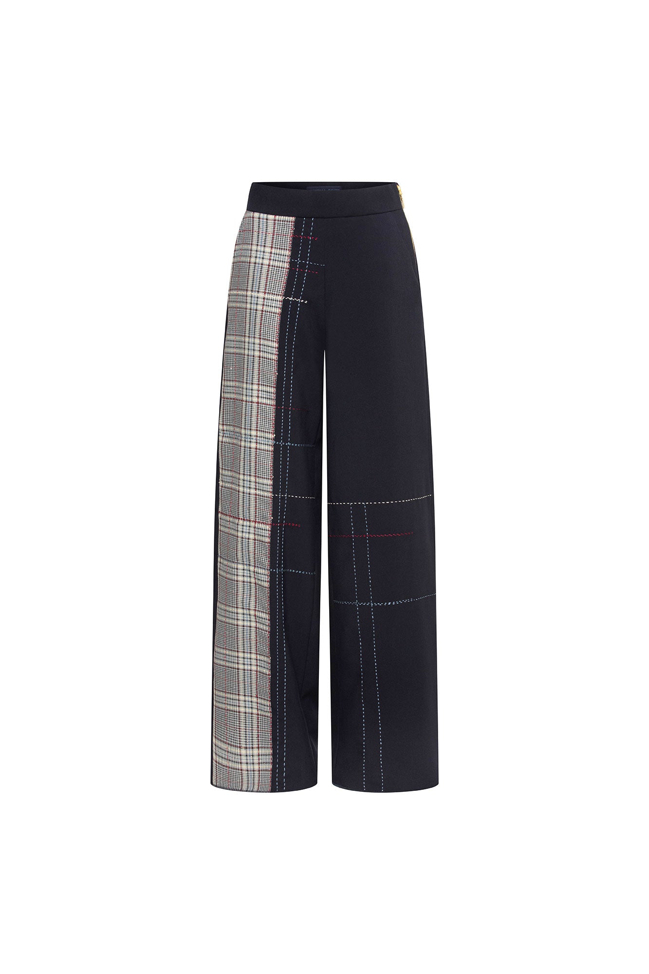 Front view of navy high-waisted Milo wide-leg trousers with an asymmetric check panel and contrast stitching