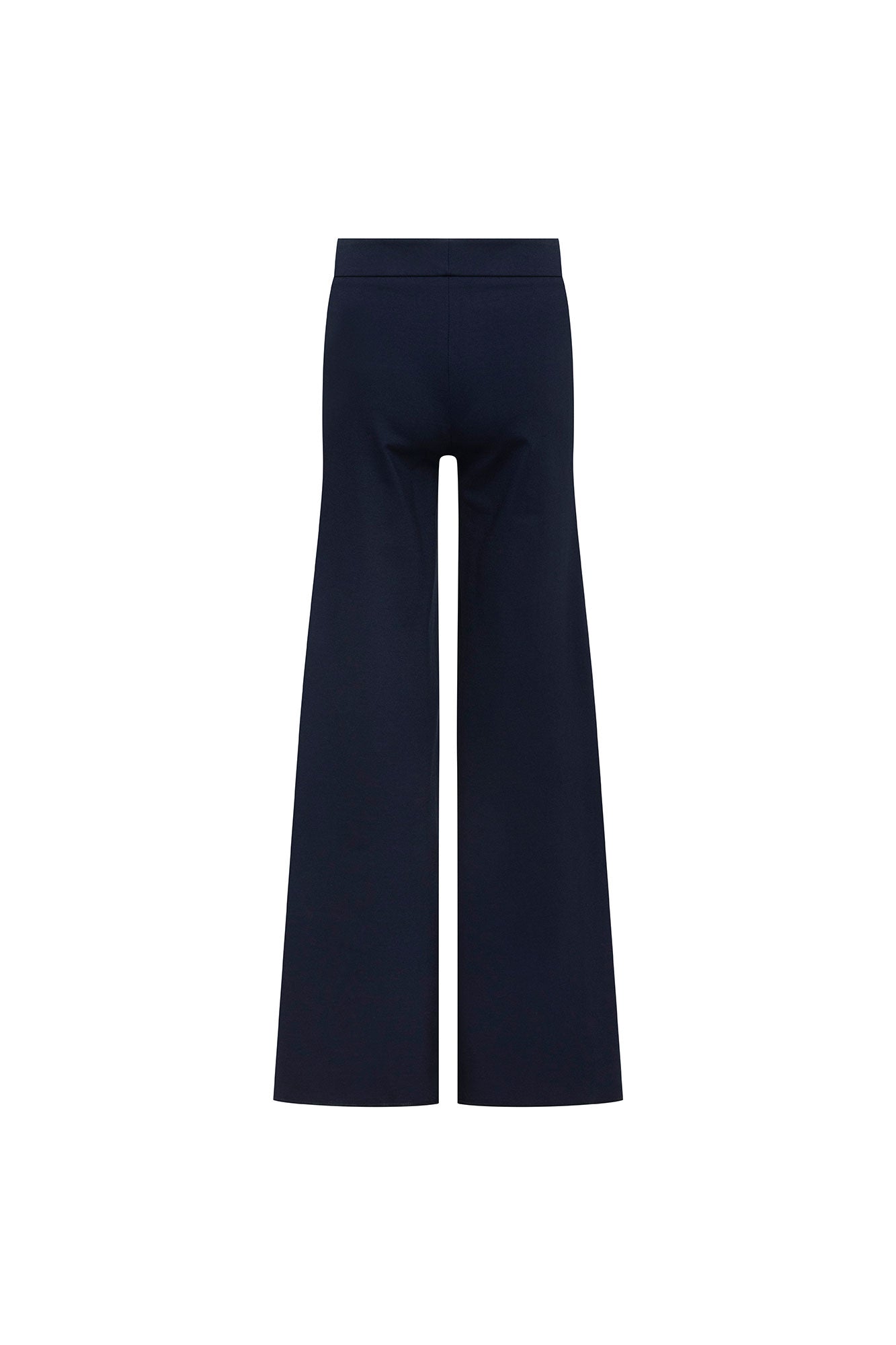 Pantalón Patch Ancho Navy — full back view showing high-rise navy wide-leg flared trousers with clean waistband and wide palazzo-style flare sweeping from hip to floor-length hem