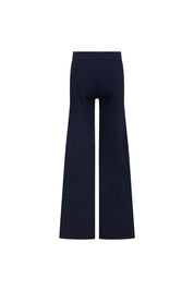 Pantalón Patch Ancho Navy — full back view showing high-rise navy wide-leg flared trousers with clean waistband and wide palazzo-style flare sweeping from hip to floor-length hem