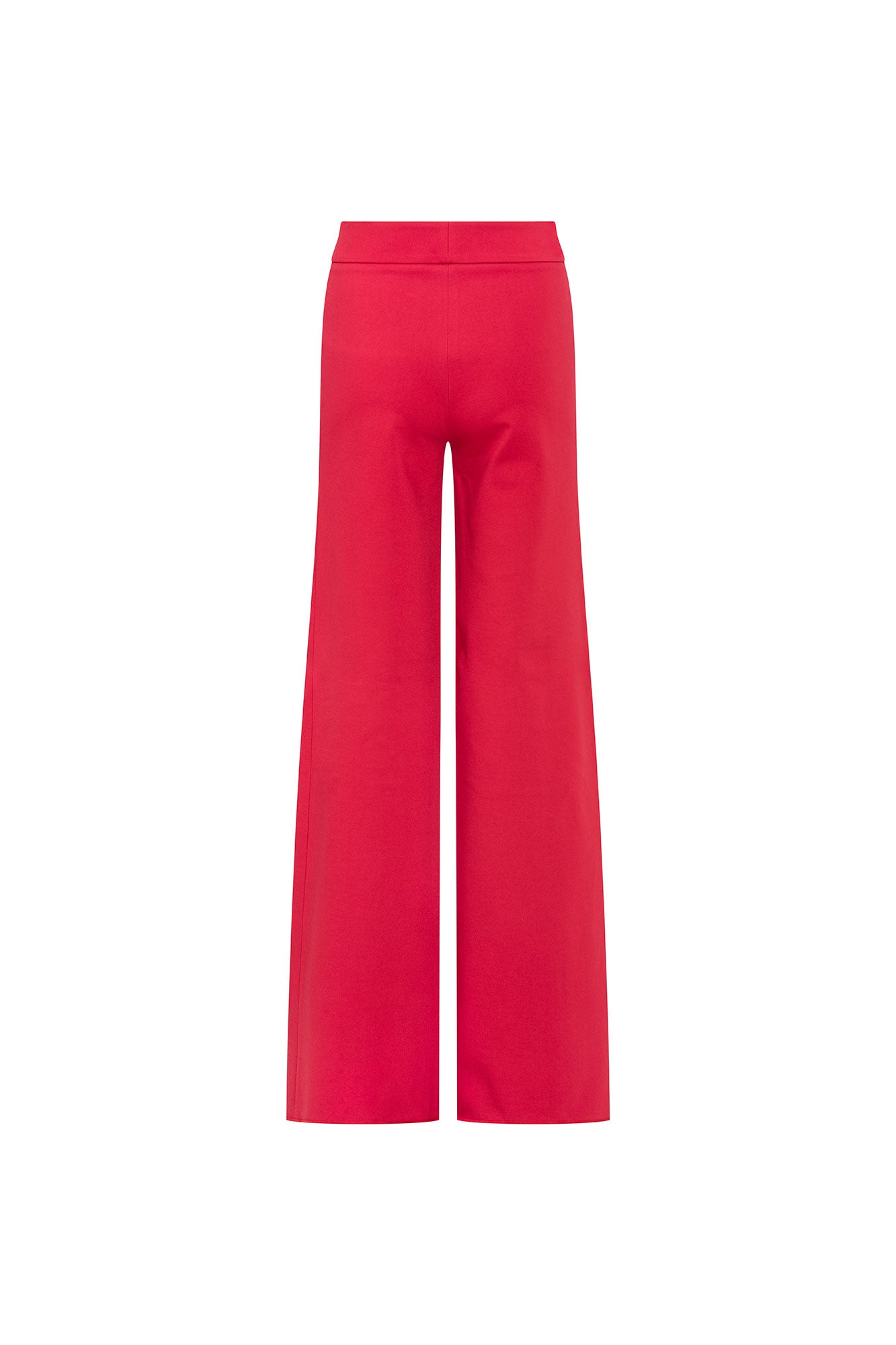 Back view of red high-waisted trousers with fitted hips and long wide legs