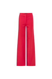 Front view of Bettina Spitz red high-waisted wide-leg trousers with vertical front seams and plain waistband
