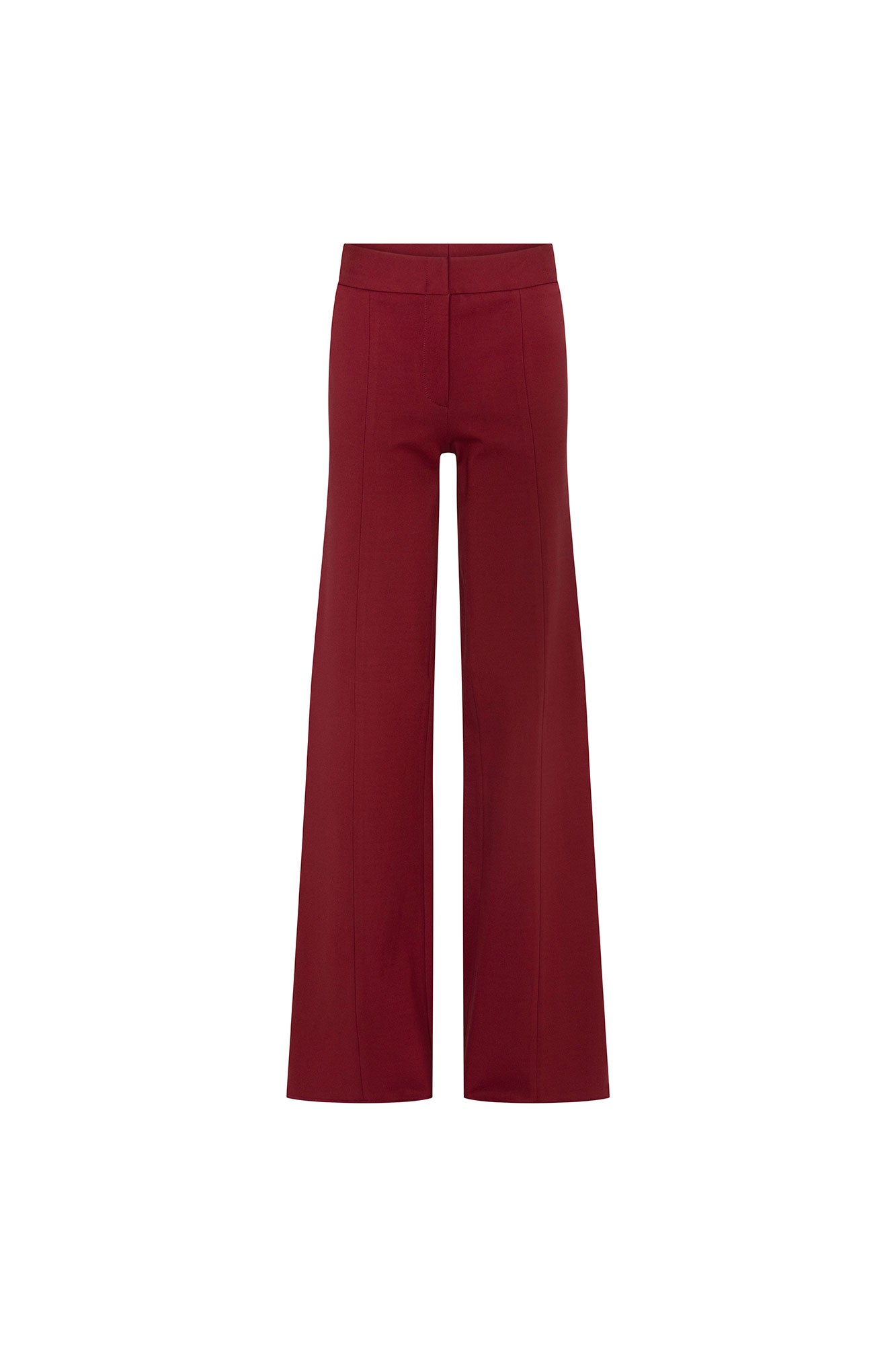 Front view of Bettina Spitz burgundy high-waisted trousers with a clean waistband and wide flared legs