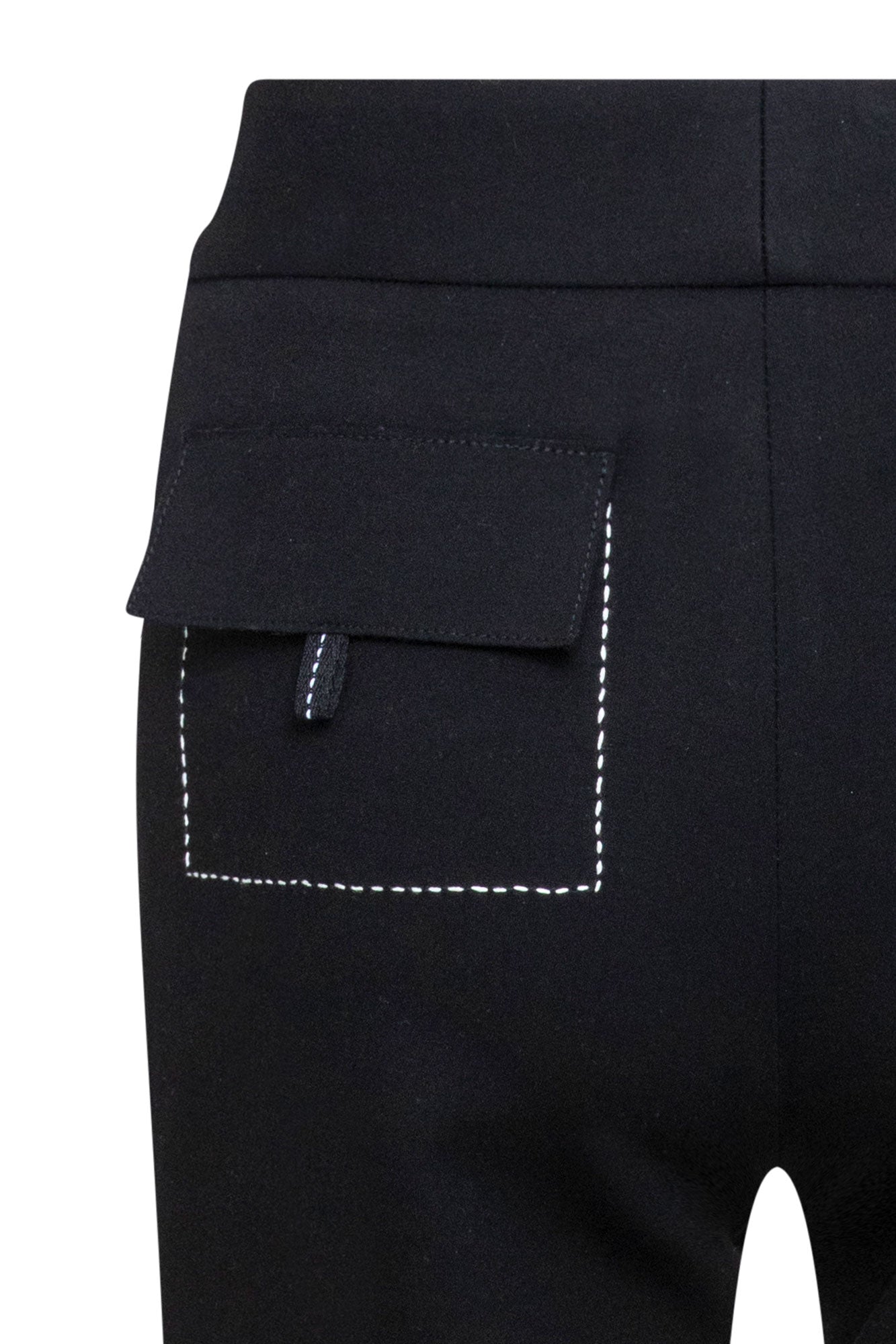 The Patch Campana — close-up of back mid-thigh cargo patch pocket with fold-over flap, gold D-ring hardware detail and white contrast topstitching edge against black structured fabric