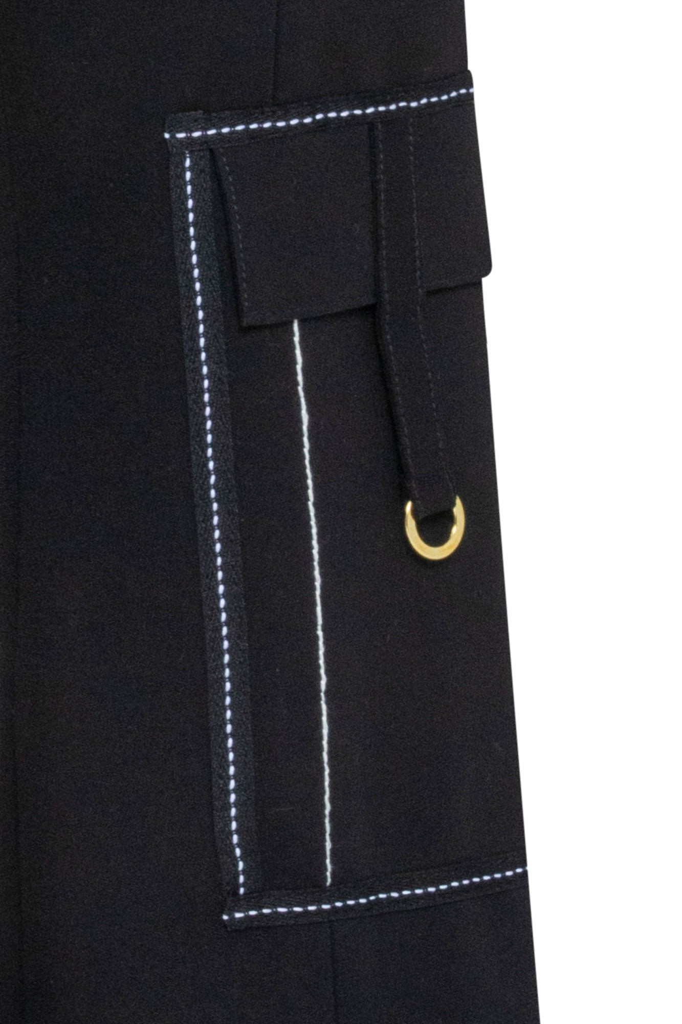 The Patch Campana — close-up of front thigh vertical panel pocket showing gold D-ring pull at lower edge and precise white contrast topstitching outline on black structured stretch fabric