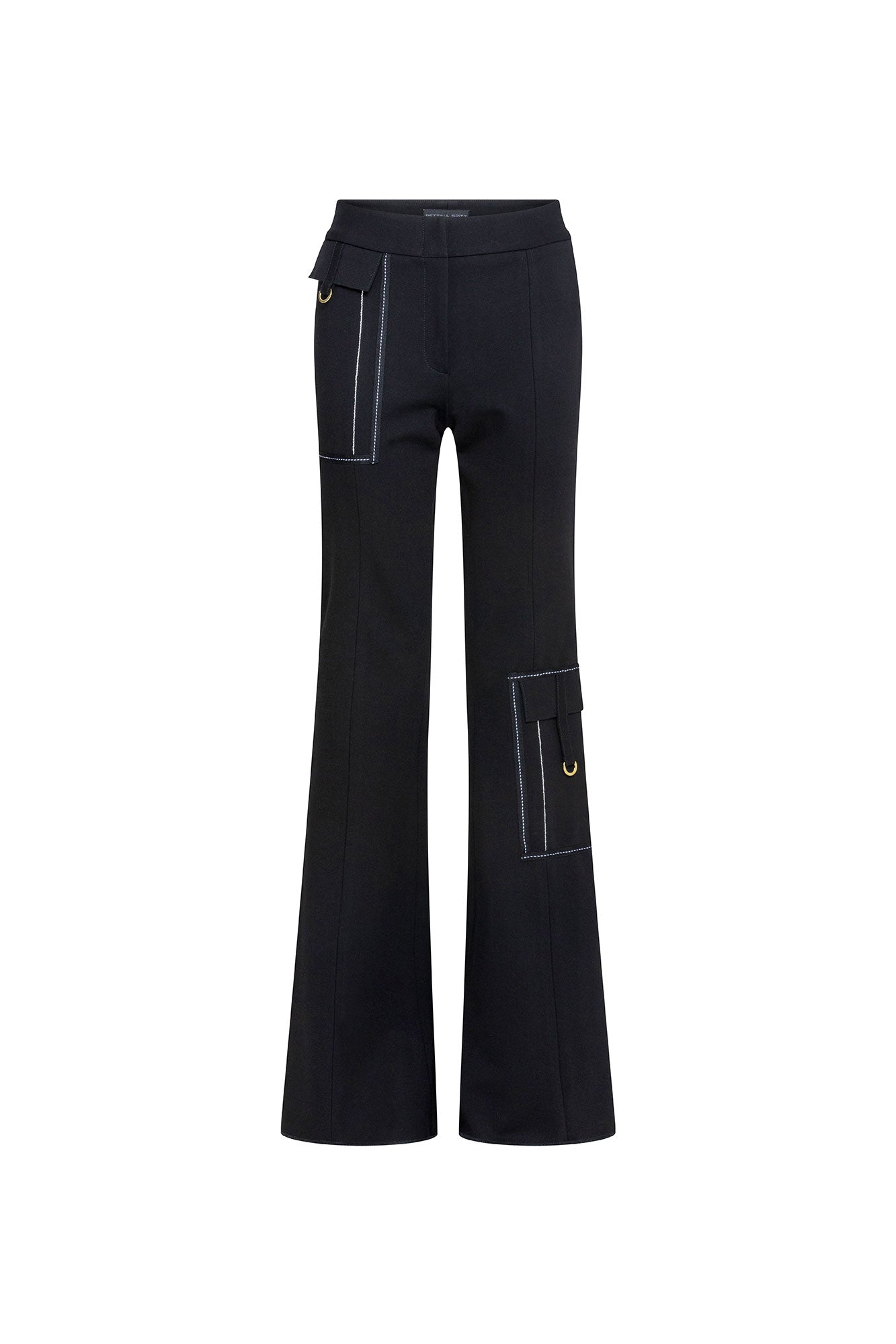 The Patch Campana Black Flare Trouser — full front view showing high-rise waistband, fitted leg opening into floor-length flare, white contrast topstitching throughout, front hip patch pockets and thigh panel pockets with gold D-rings