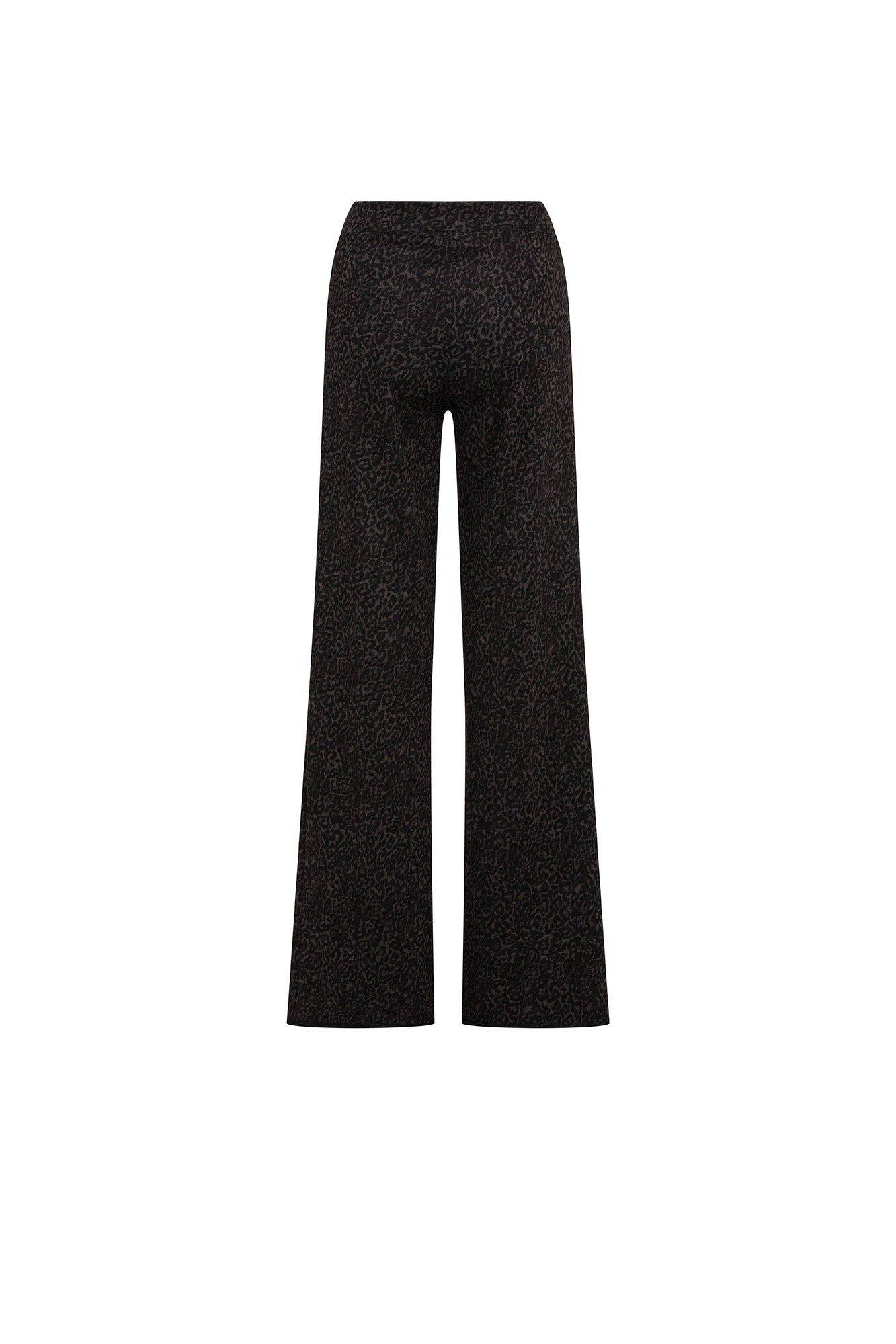 Back view of chocolate leopard-pattern trousers showing clean waist and wide straight legs