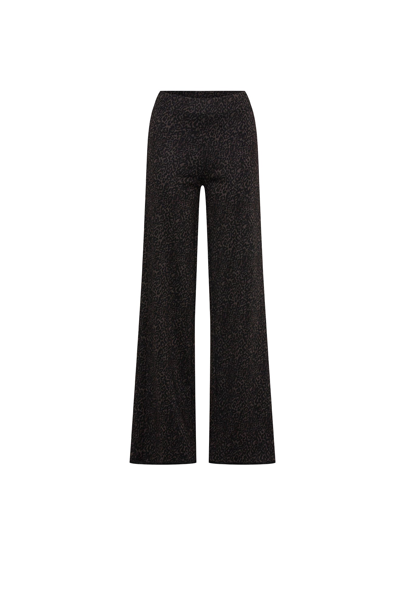 Front view of chocolate leopard-pattern high-waisted trousers with long wide straight legs