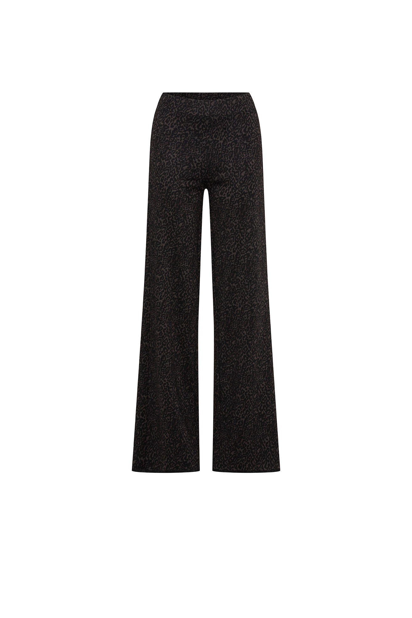 Front view of chocolate leopard-pattern high-waisted trousers with long wide straight legs