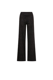 Front view of chocolate leopard-pattern high-waisted trousers with long wide straight legs